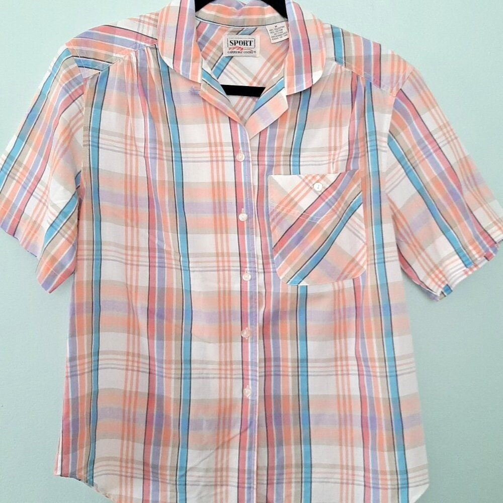 Y2K Retro Pastel Plaid Button Down Summer Blouse Cottage Coastal Lightweight M/L